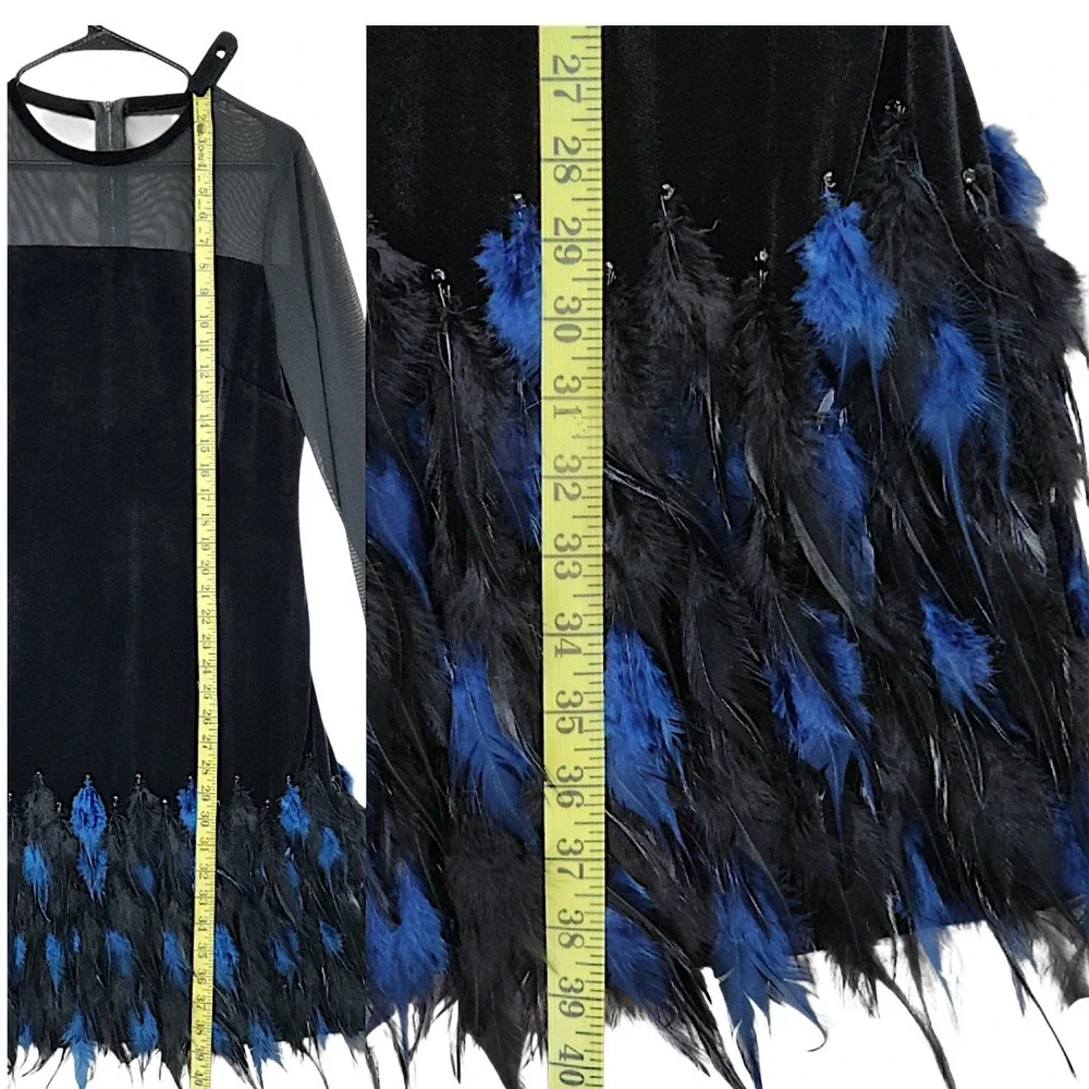Tahari Velour Dress 12 Black Velvet Blue Feathers Mesh Long Sleeve Cocktail Mini - Picture 7 of 15